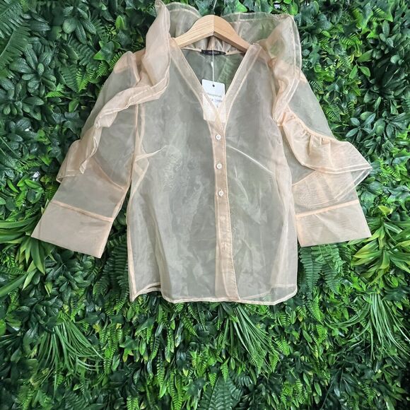 Hesperus Tops Women Medium Beige Khaki Blouse Button Front Ruffle Sheer 0168 - Picture 3 of 6